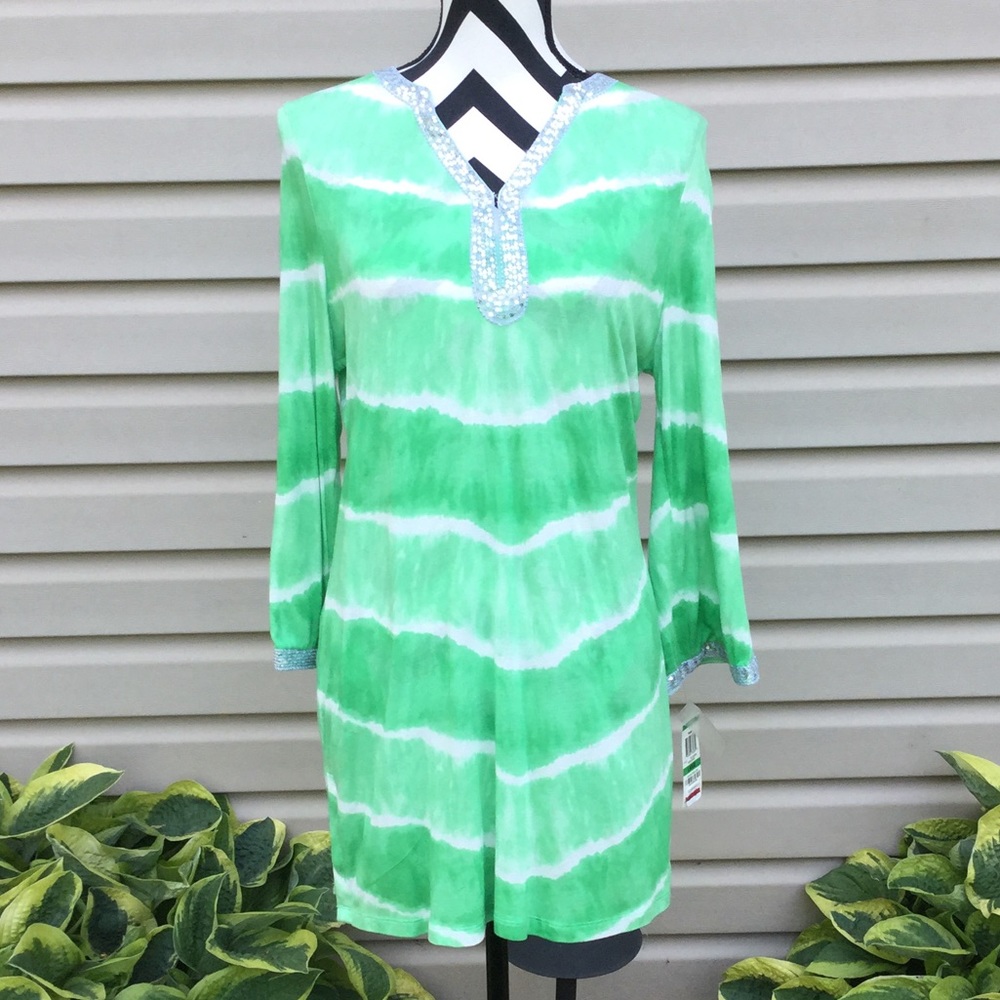 NWT INC Green & White Tie-dye Sequin Tunic